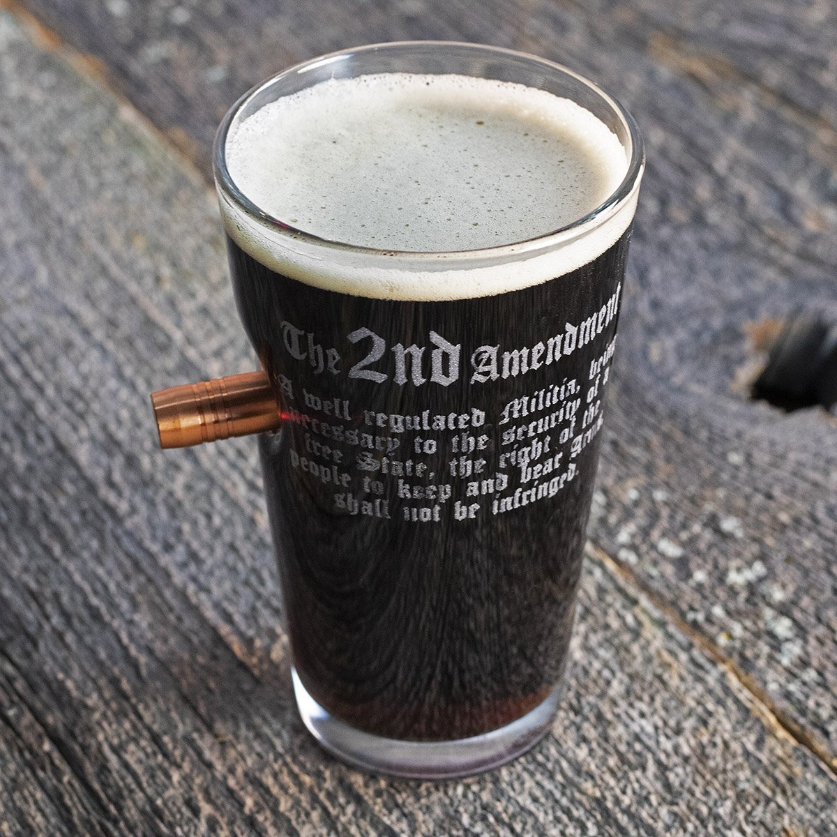 2nd Amendment Glasses With Embedded Bullet Pint Glass Filled With Beer