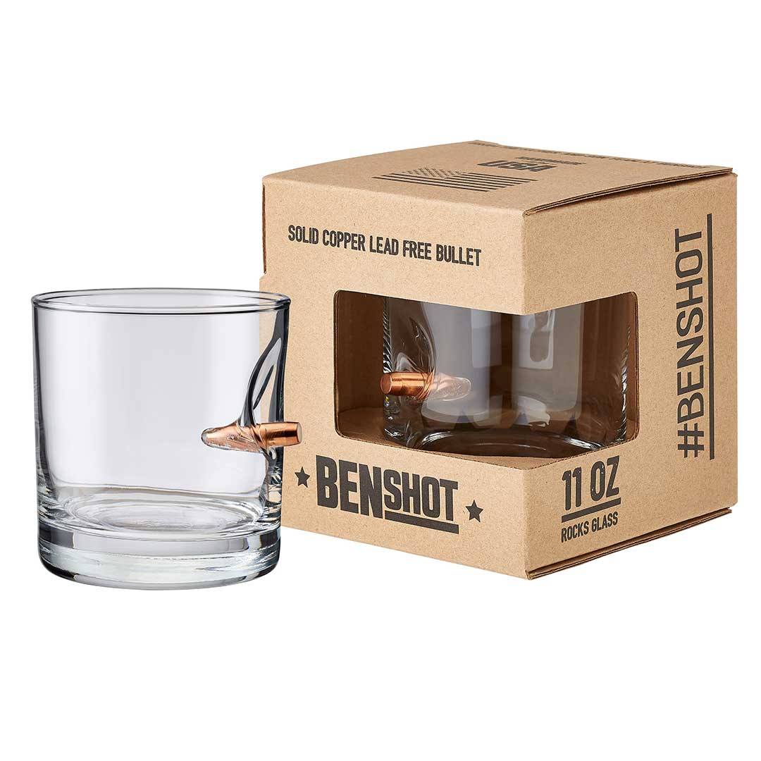 BenShot Rocks Glass - 11oz With Real Embedded Bullet In Package