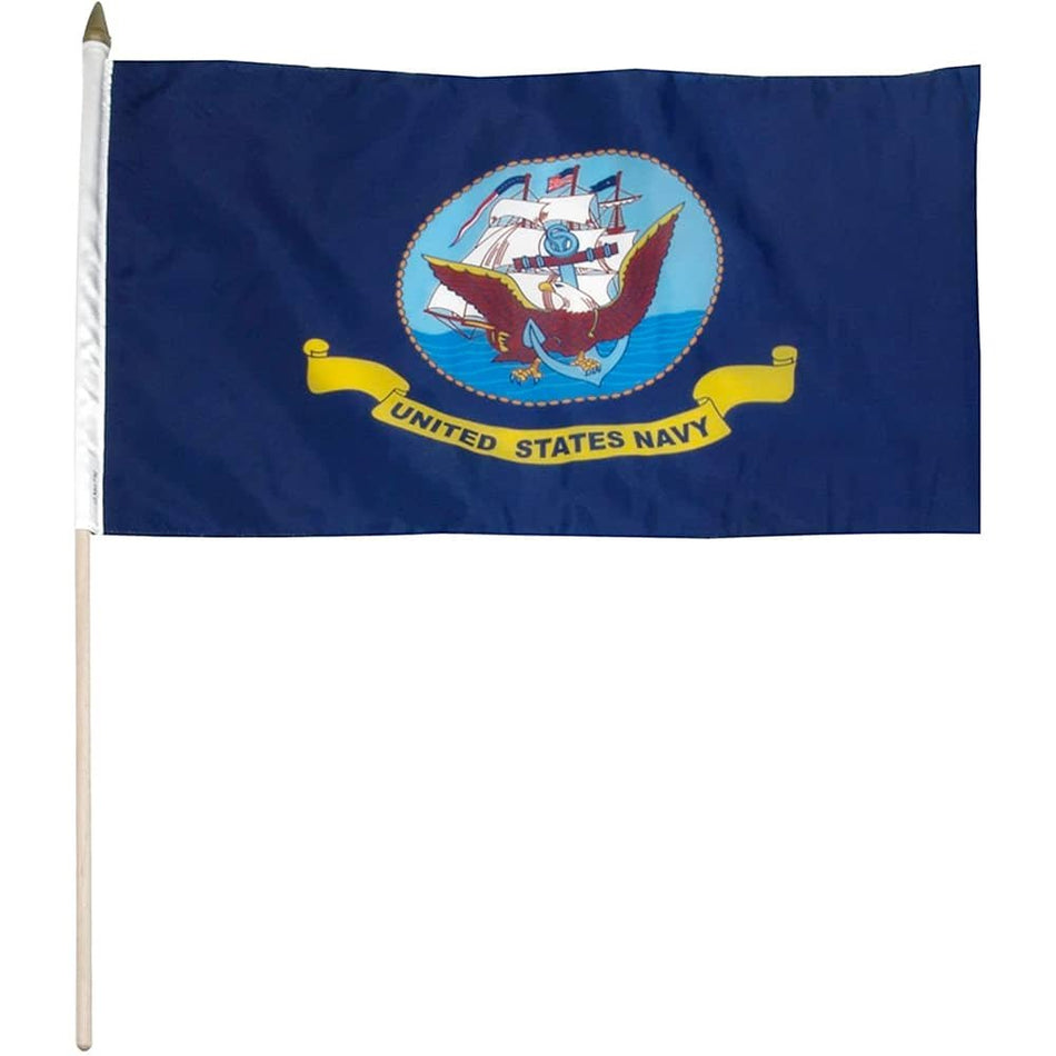 Navy Flag 12" by 18" Mounted on 24-Inch Wooden Stick