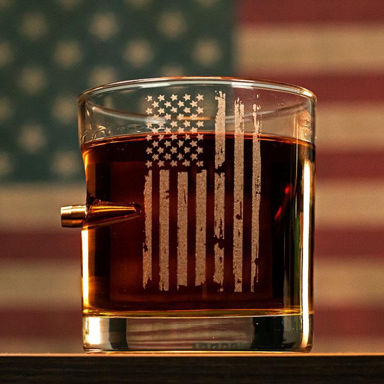 Flag Patriotic Rocks Glass - 11oz With Embedded Bullet