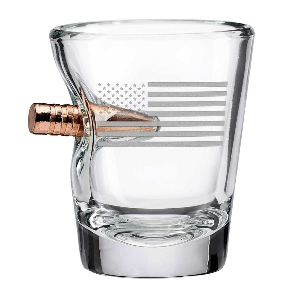 US Flag Shot Glass - 2oz With Engraved Flag and Bullet